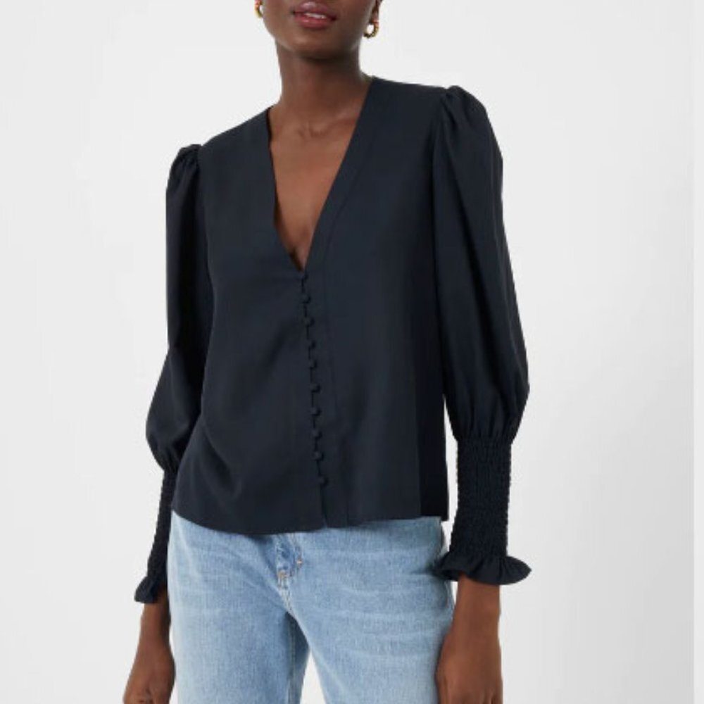 French Connection Crepe V Neck Balloon Sleeve Blouse - Picture 1 of 6